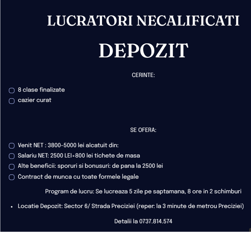 Lucratori depozit, zona sector 2.